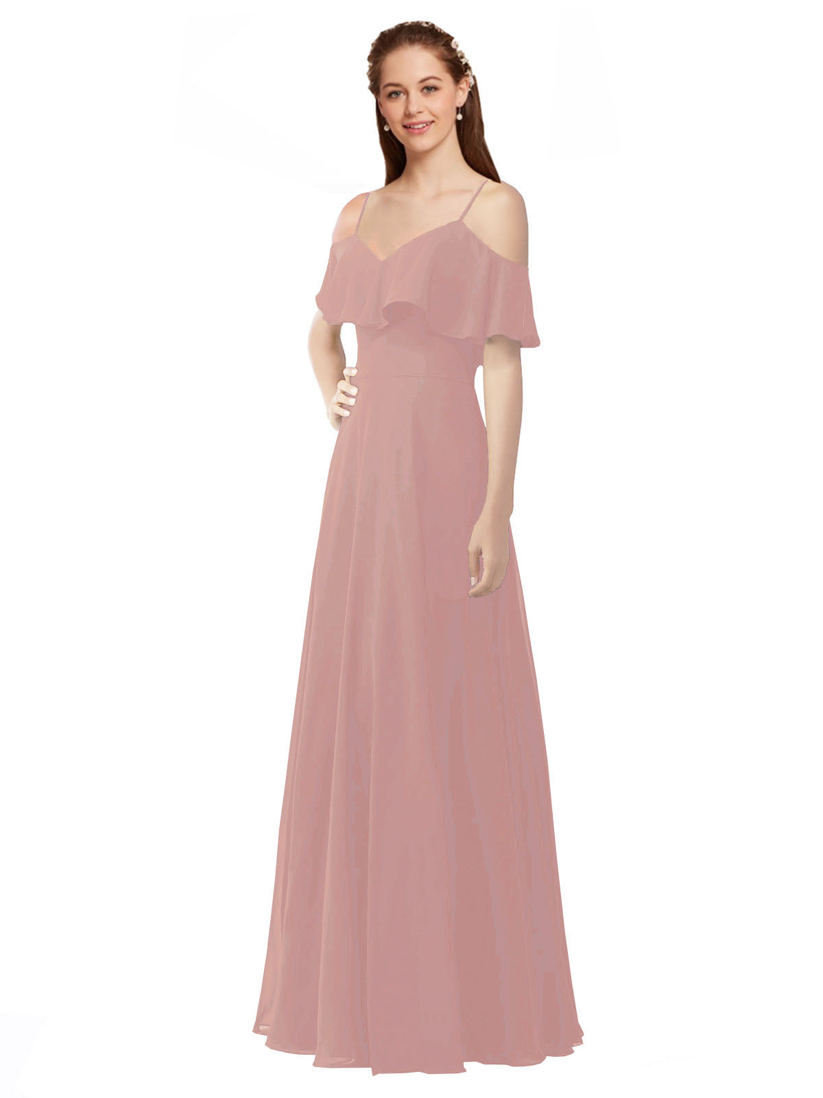 Dusty Pink A-Line Off the Shoulder V-Neck Sleeveless Long Bridesmaid Dress Marianna