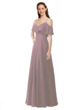 Dusty Rose A-Line Off the Shoulder V-Neck Sleeveless Long Bridesmaid Dress Marianna