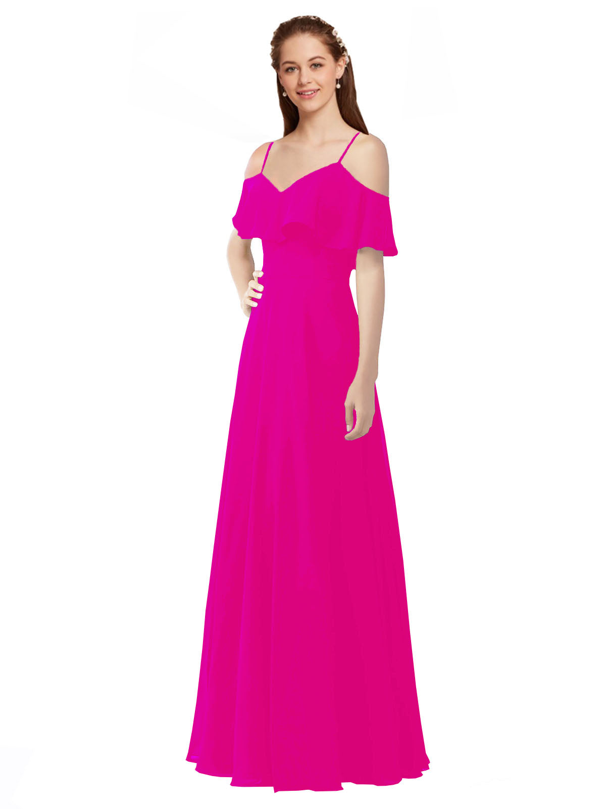 Fuchsia A-Line Off the Shoulder V-Neck Sleeveless Long Bridesmaid Dress Marianna