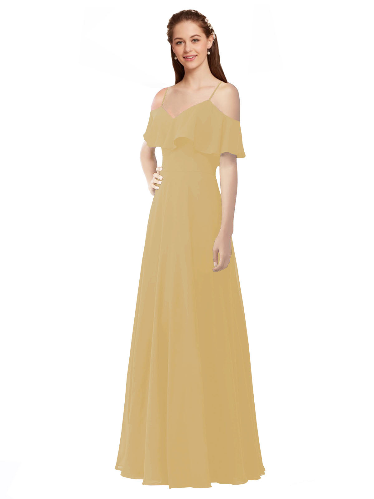 Gold A-Line Off the Shoulder V-Neck Sleeveless Long Bridesmaid Dress Marianna