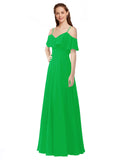 Green A-Line Off the Shoulder V-Neck Sleeveless Long Bridesmaid Dress Marianna