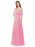 Hot Pink A-Line Off the Shoulder V-Neck Sleeveless Long Bridesmaid Dress Marianna