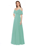 Jade A-Line Off the Shoulder V-Neck Sleeveless Long Bridesmaid Dress Marianna