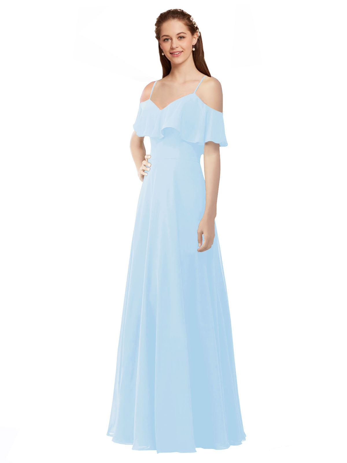 Light Sky Blue A-Line Off the Shoulder V-Neck Sleeveless Long Bridesmaid Dress Marianna