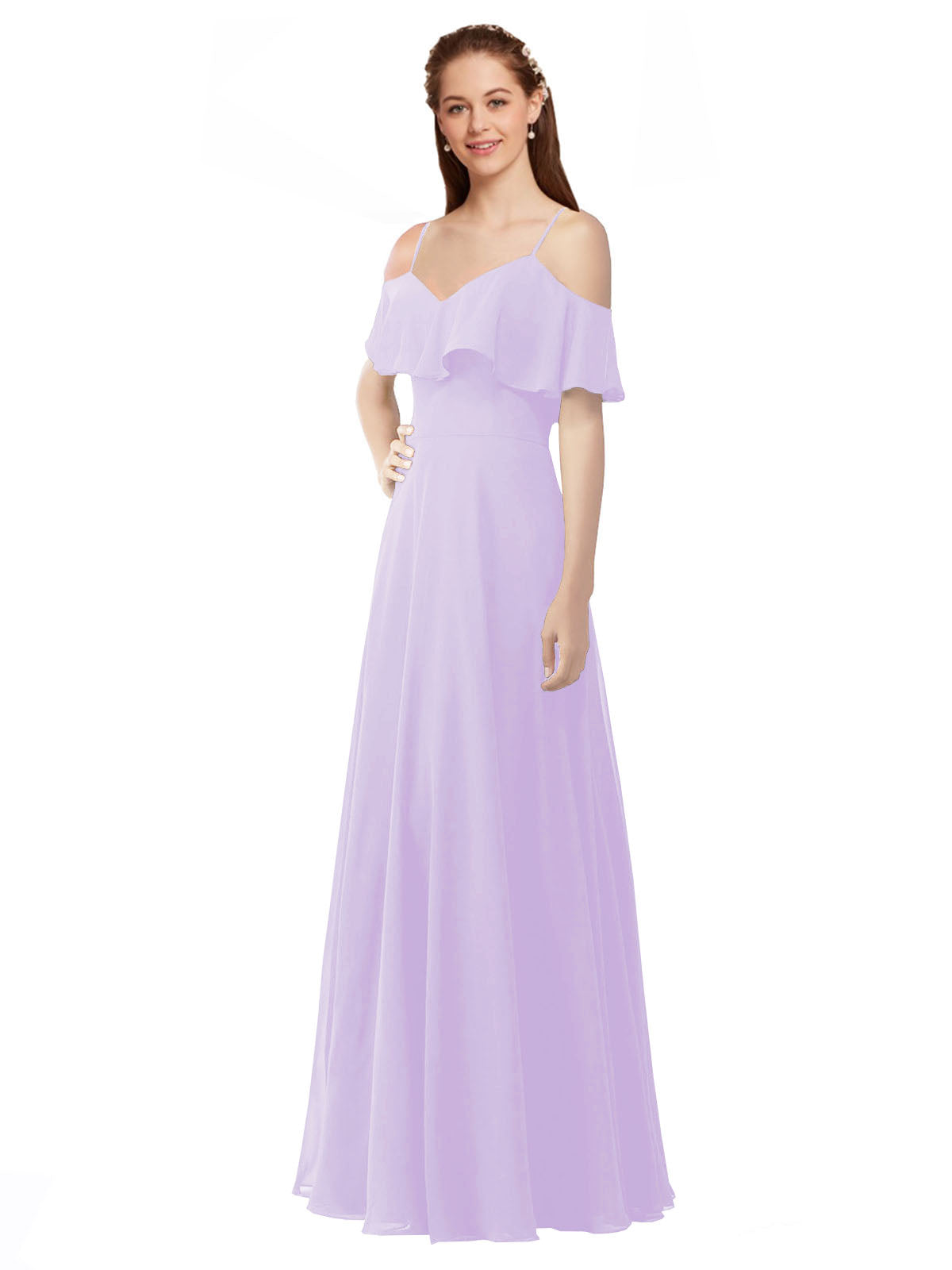 Lilac A-Line Off the Shoulder V-Neck Sleeveless Long Bridesmaid Dress Marianna