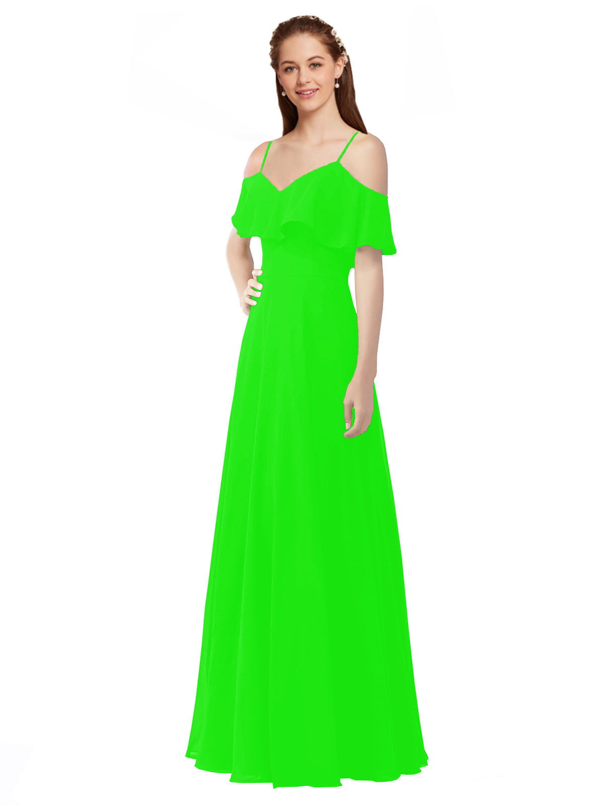 Lime Green A-Line Off the Shoulder V-Neck Sleeveless Long Bridesmaid Dress Marianna
