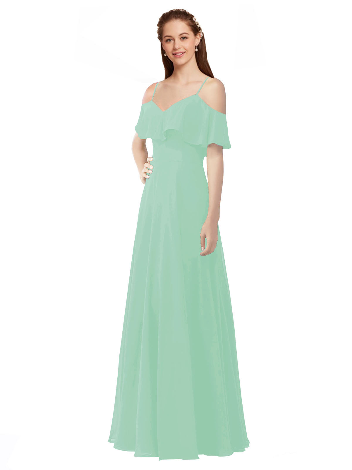 Mint Green A-Line Off the Shoulder V-Neck Sleeveless Long Bridesmaid Dress Marianna
