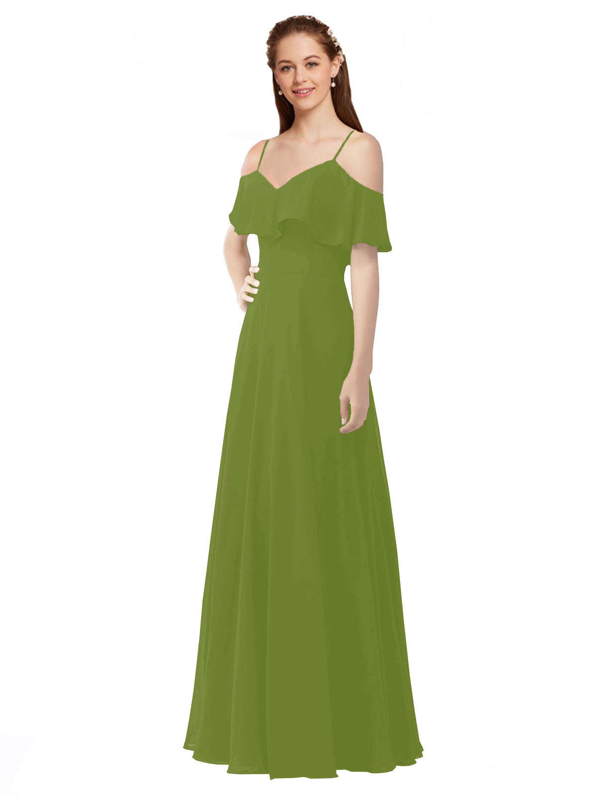 Olive Green A-Line Off the Shoulder V-Neck Sleeveless Long Bridesmaid Dress Marianna