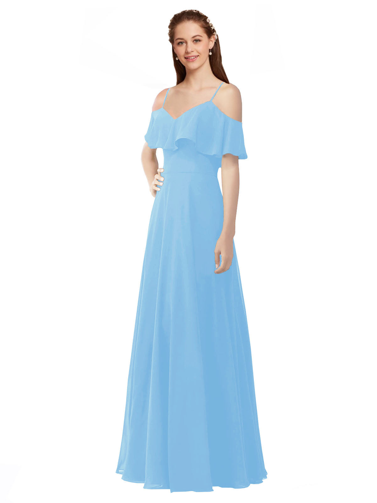 Periwinkle A-Line Off the Shoulder V-Neck Sleeveless Long Bridesmaid Dress Marianna
