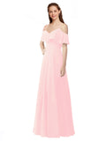 Pink A-Line Off the Shoulder V-Neck Sleeveless Long Bridesmaid Dress Marianna