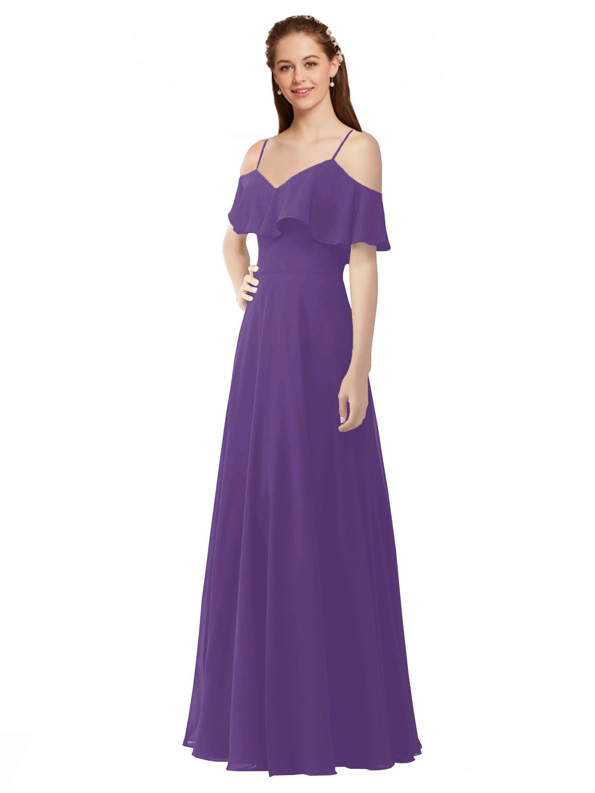 Plum Purple A-Line Off the Shoulder V-Neck Sleeveless Long Bridesmaid Dress Marianna