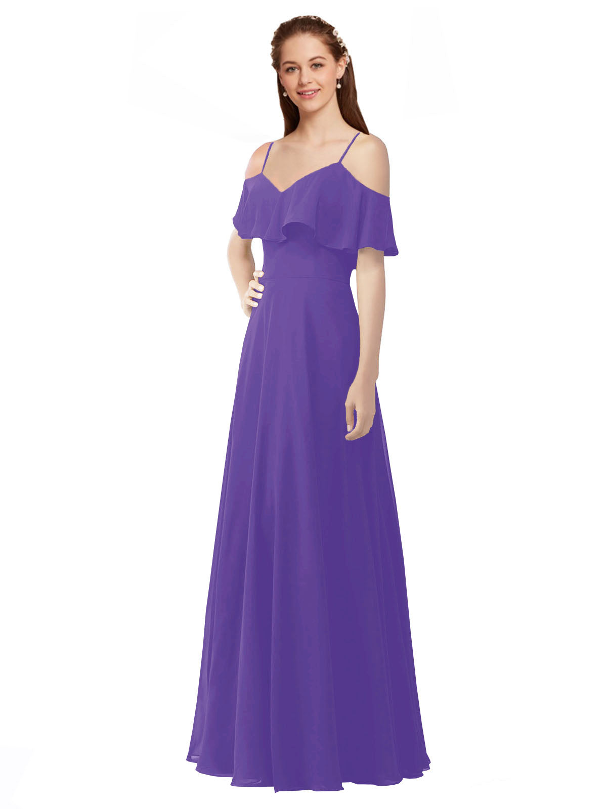 Purple A-Line Off the Shoulder V-Neck Sleeveless Long Bridesmaid Dress Marianna