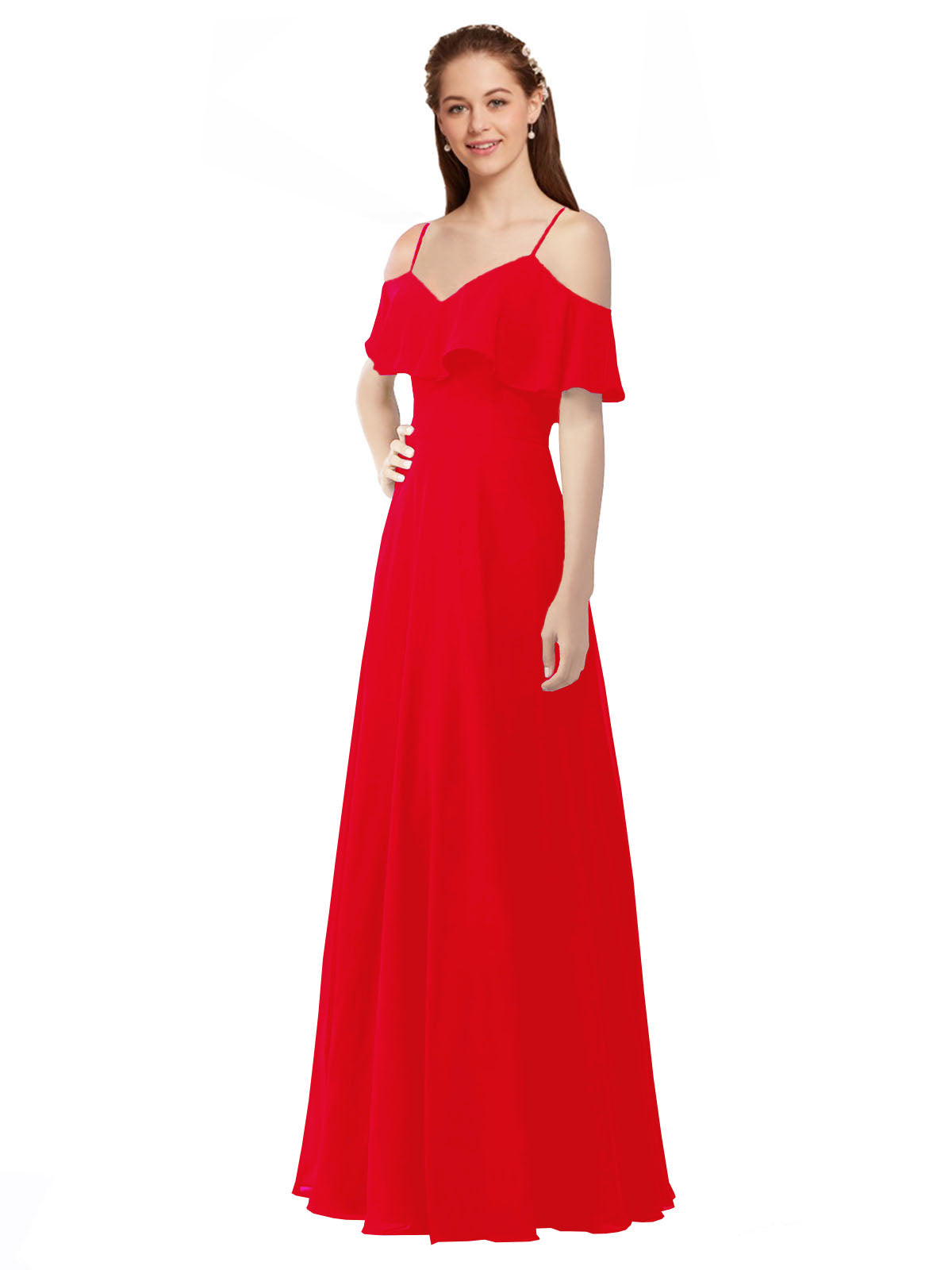 Red A-Line Off the Shoulder V-Neck Sleeveless Long Bridesmaid Dress Marianna