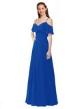 Royal Blue A-Line Off the Shoulder V-Neck Sleeveless Long Bridesmaid Dress Marianna