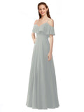 Silver A-Line Off the Shoulder V-Neck Sleeveless Long Bridesmaid Dress Marianna