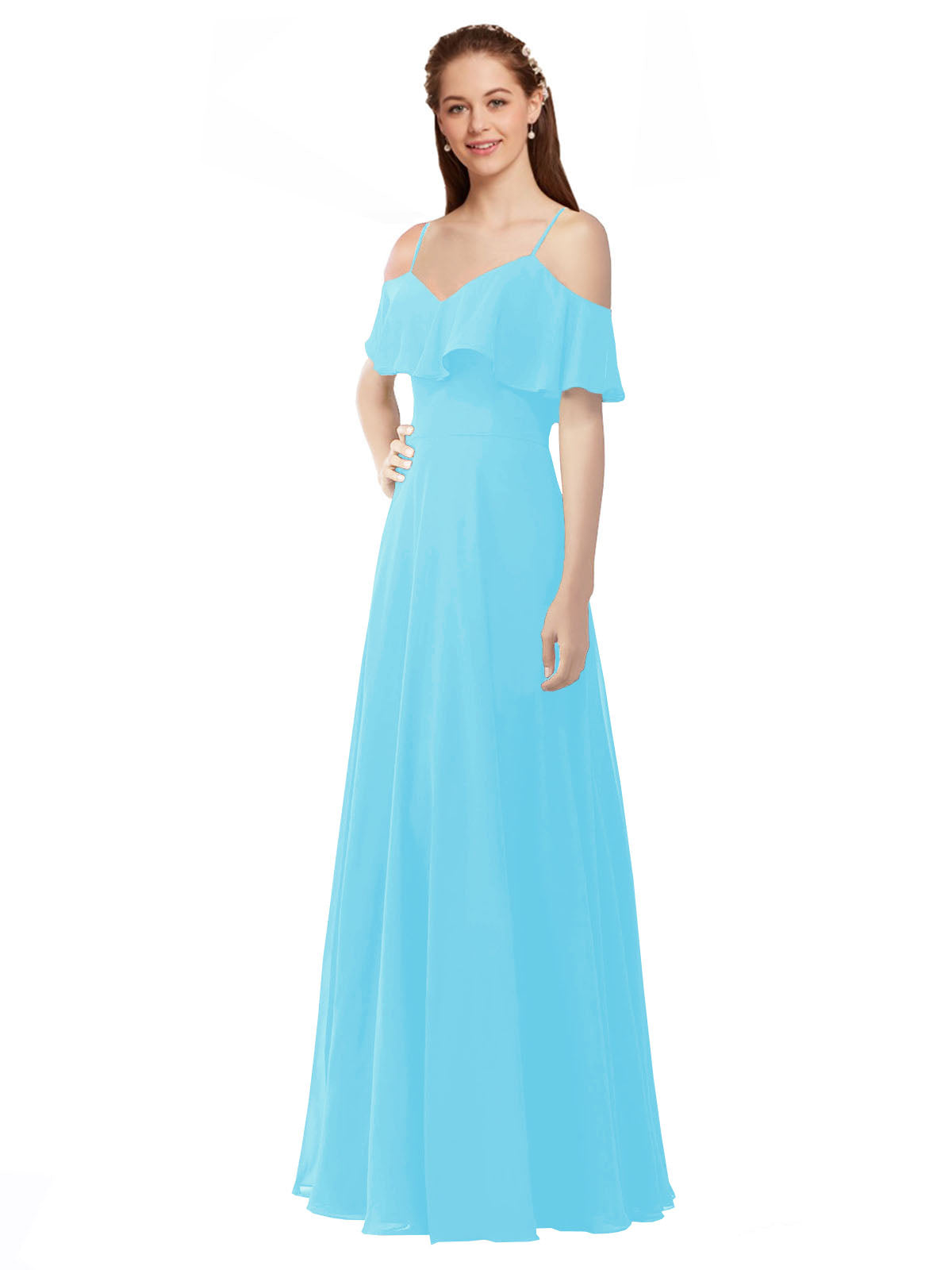 Sky Blue A-Line Off the Shoulder V-Neck Sleeveless Long Bridesmaid Dress Marianna