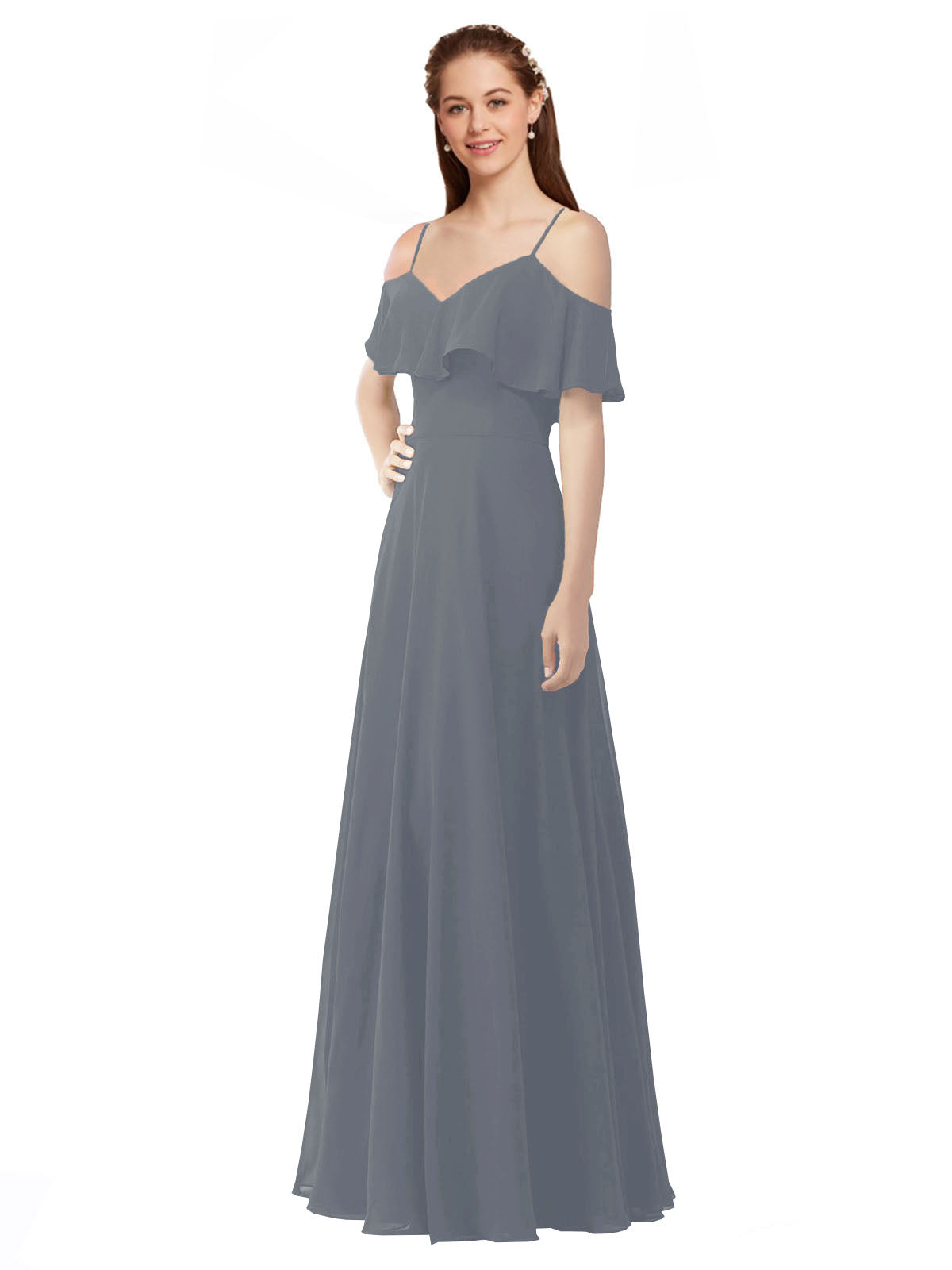 Slate Grey A-Line Off the Shoulder V-Neck Sleeveless Long Bridesmaid Dress Marianna