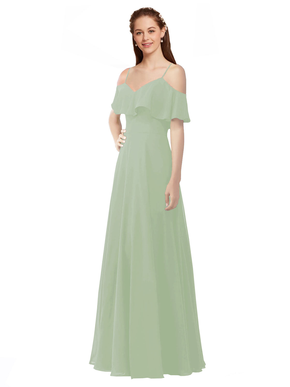 Smoke Green A-Line Off the Shoulder V-Neck Sleeveless Long Bridesmaid Dress Marianna
