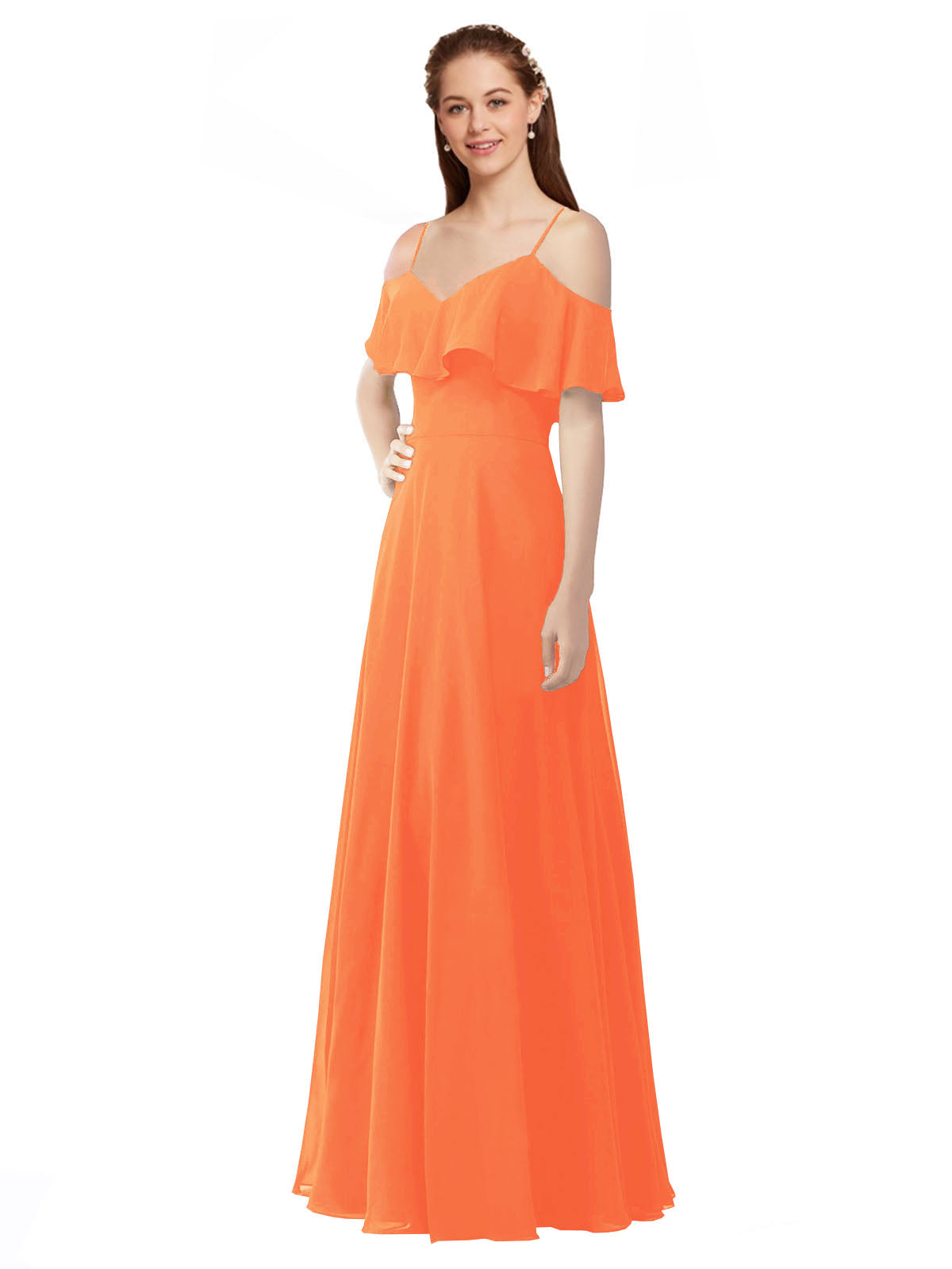 Tangerine Tango A-Line Off the Shoulder V-Neck Sleeveless Long Bridesmaid Dress Marianna