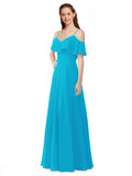 Turquoise A-Line Off the Shoulder V-Neck Sleeveless Long Bridesmaid Dress Marianna