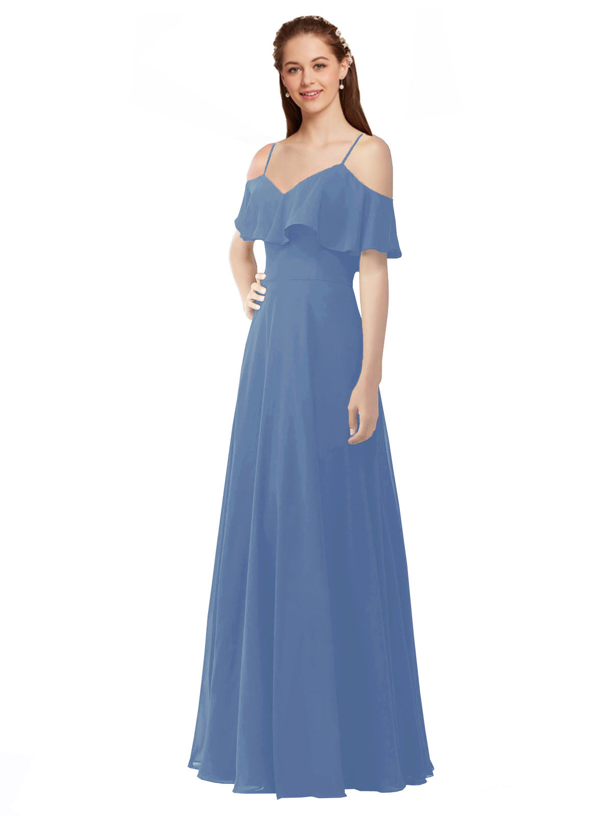 Windsor Blue A-Line Off the Shoulder V-Neck Sleeveless Long Bridesmaid Dress Marianna
