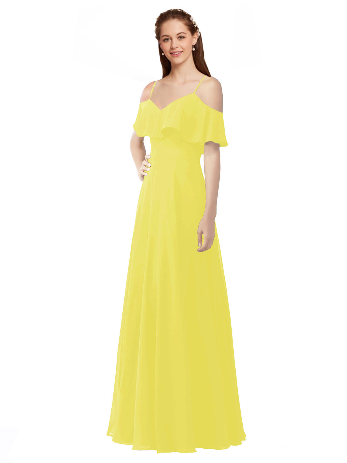 Yellow A-Line Off the Shoulder V-Neck Sleeveless Long Bridesmaid Dress Marianna