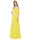 Yellow A-Line Off the Shoulder V-Neck Sleeveless Long Bridesmaid Dress Marianna
