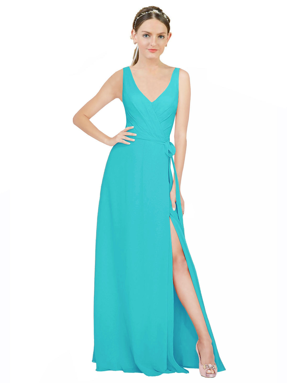 Aqua A-Line V-Neck Sleeveless Long Bridesmaid Dress Louisa