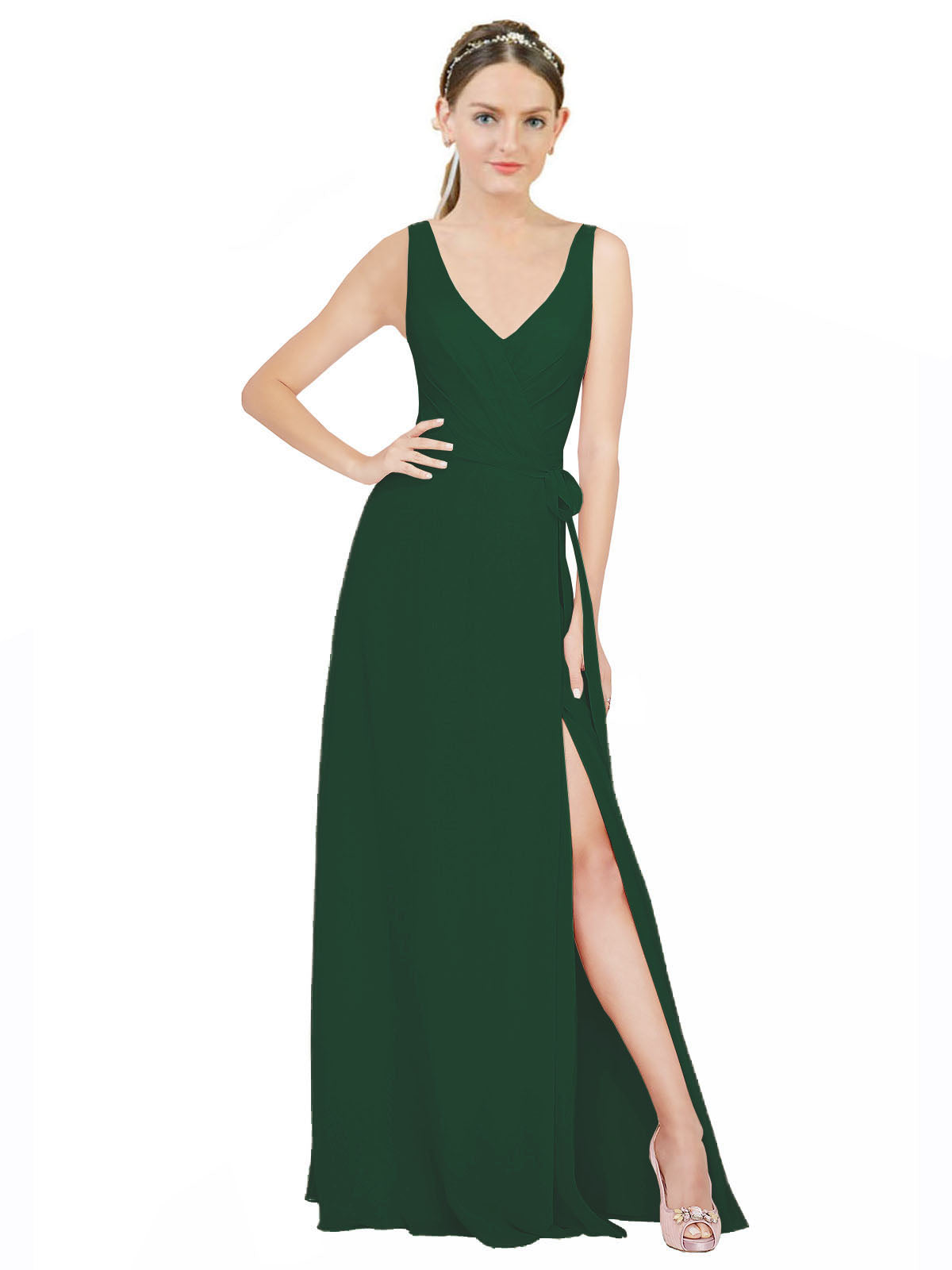 Dark Green A-Line V-Neck Sleeveless Long Bridesmaid Dress Louisa