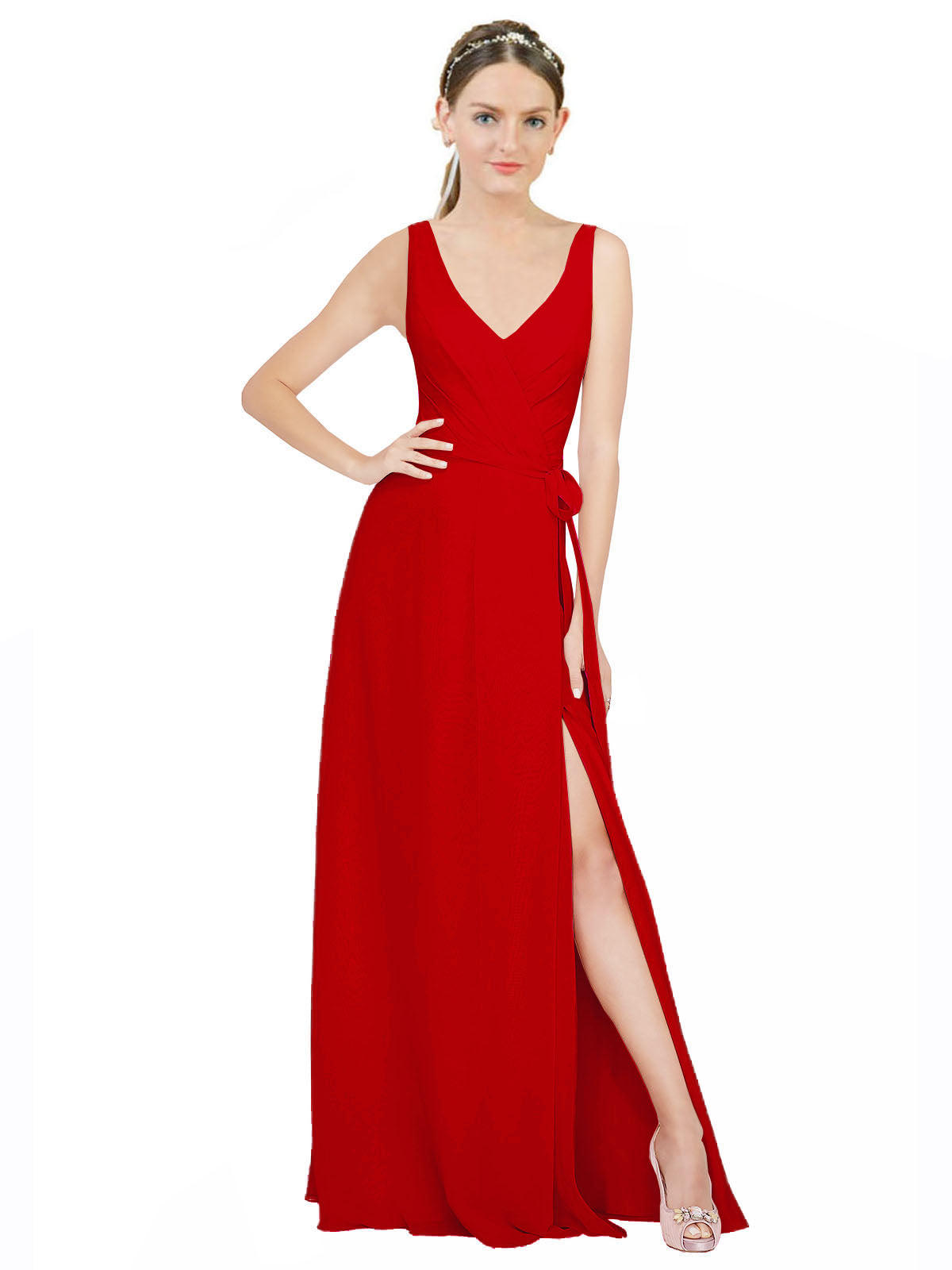 Dark Red A-Line V-Neck Sleeveless Long Bridesmaid Dress Louisa