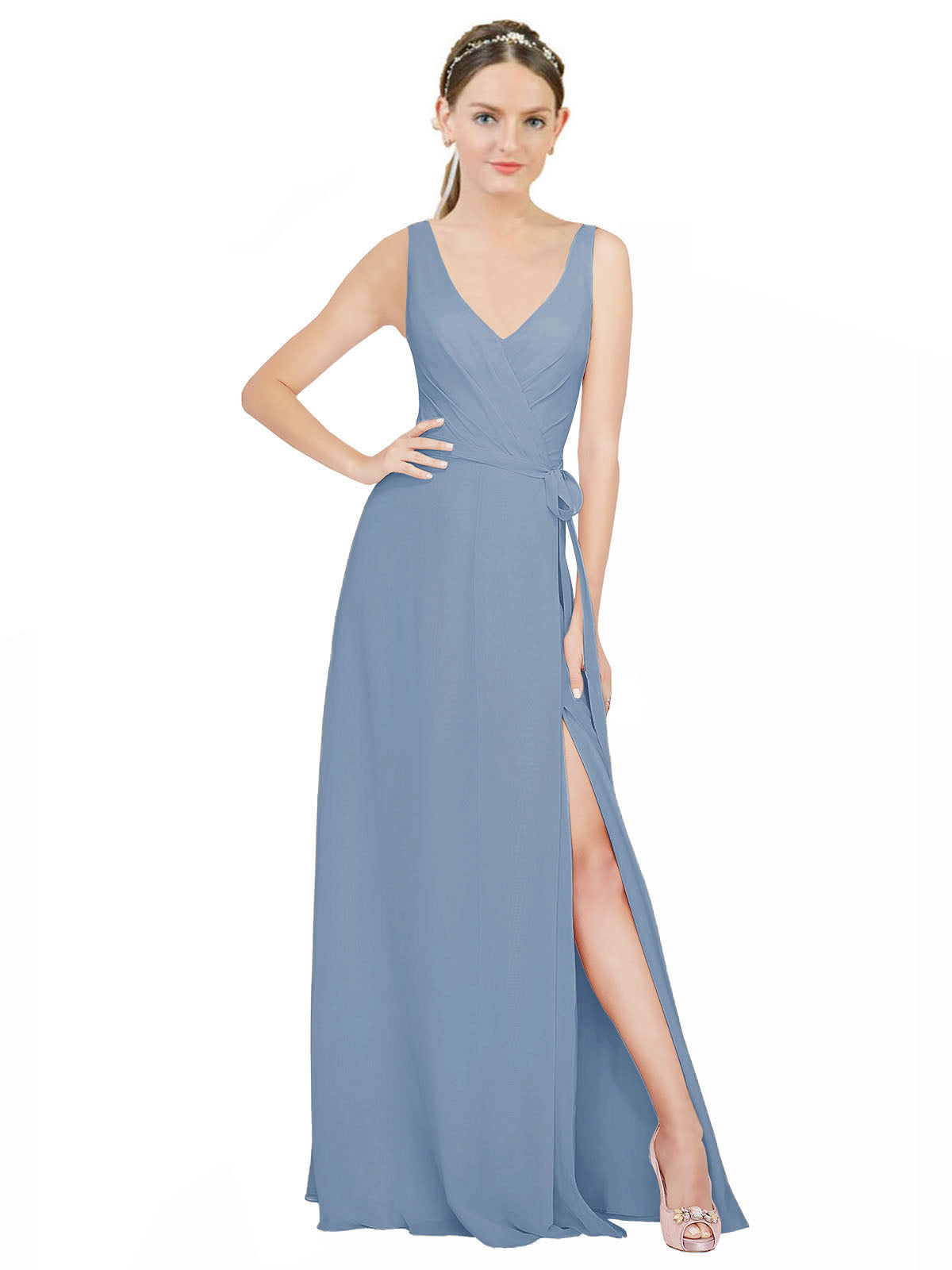 Dusty Blue A-Line V-Neck Sleeveless Long Bridesmaid Dress Louisa