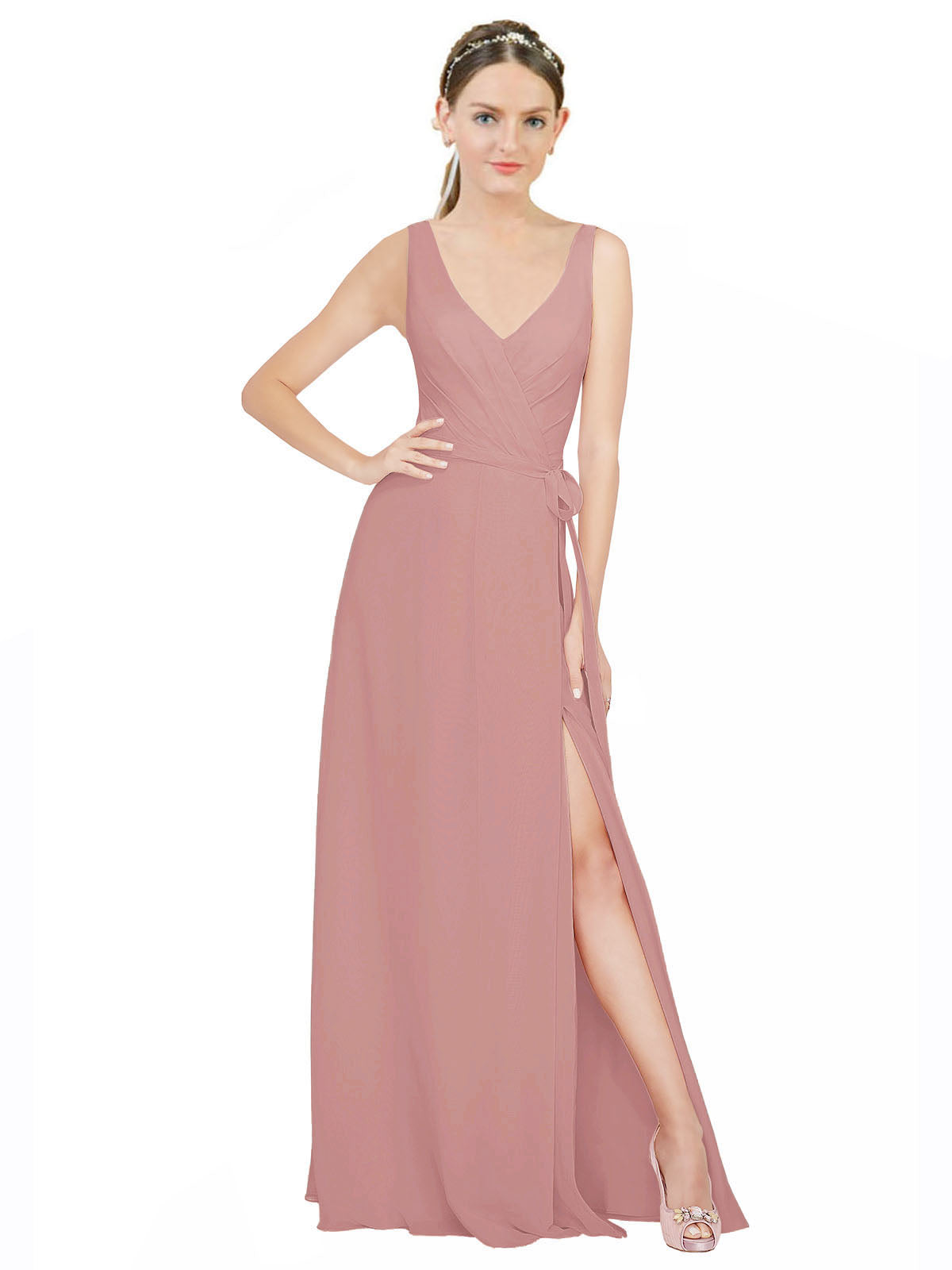 Dusty Pink A-Line V-Neck Sleeveless Long Bridesmaid Dress Louisa