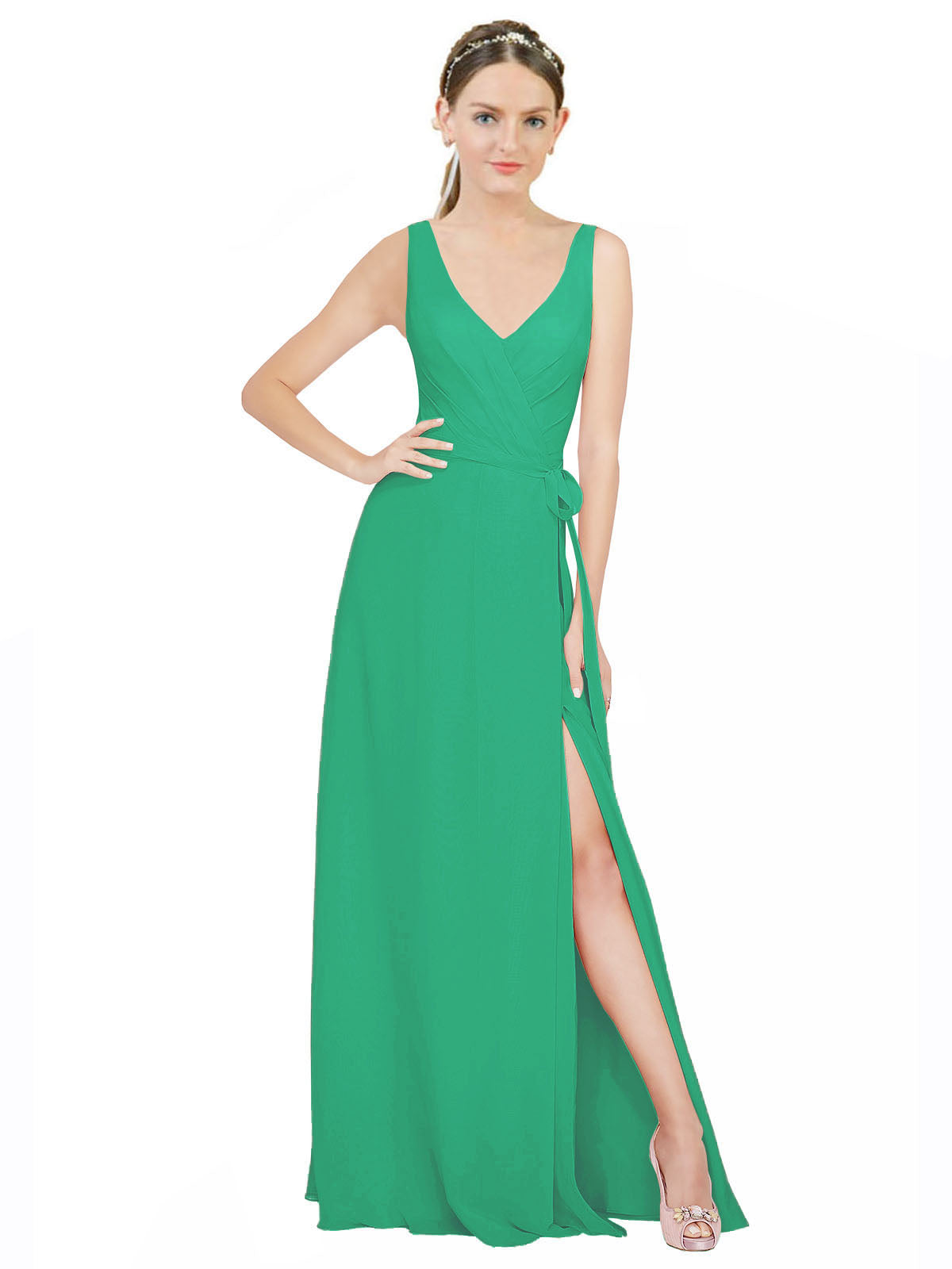 Emerald Green A-Line V-Neck Sleeveless Long Bridesmaid Dress Louisa