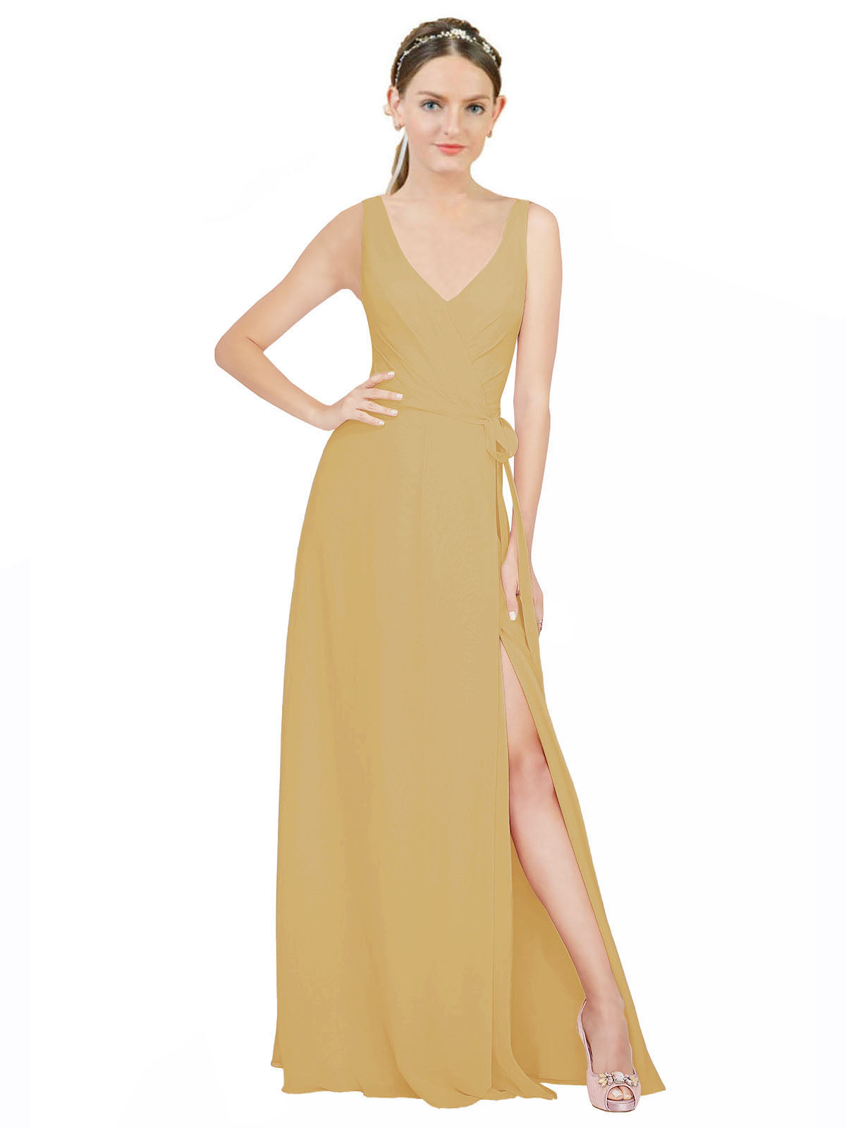 Gold A-Line V-Neck Sleeveless Long Bridesmaid Dress Louisa