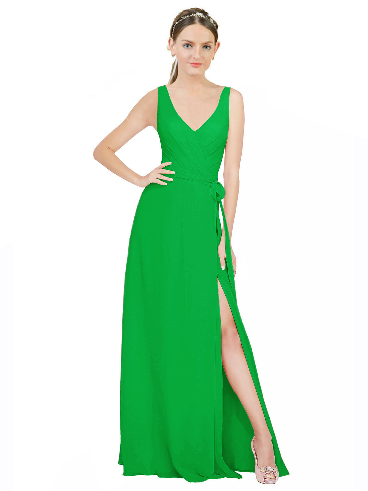 Green A-Line V-Neck Sleeveless Long Bridesmaid Dress Louisa
