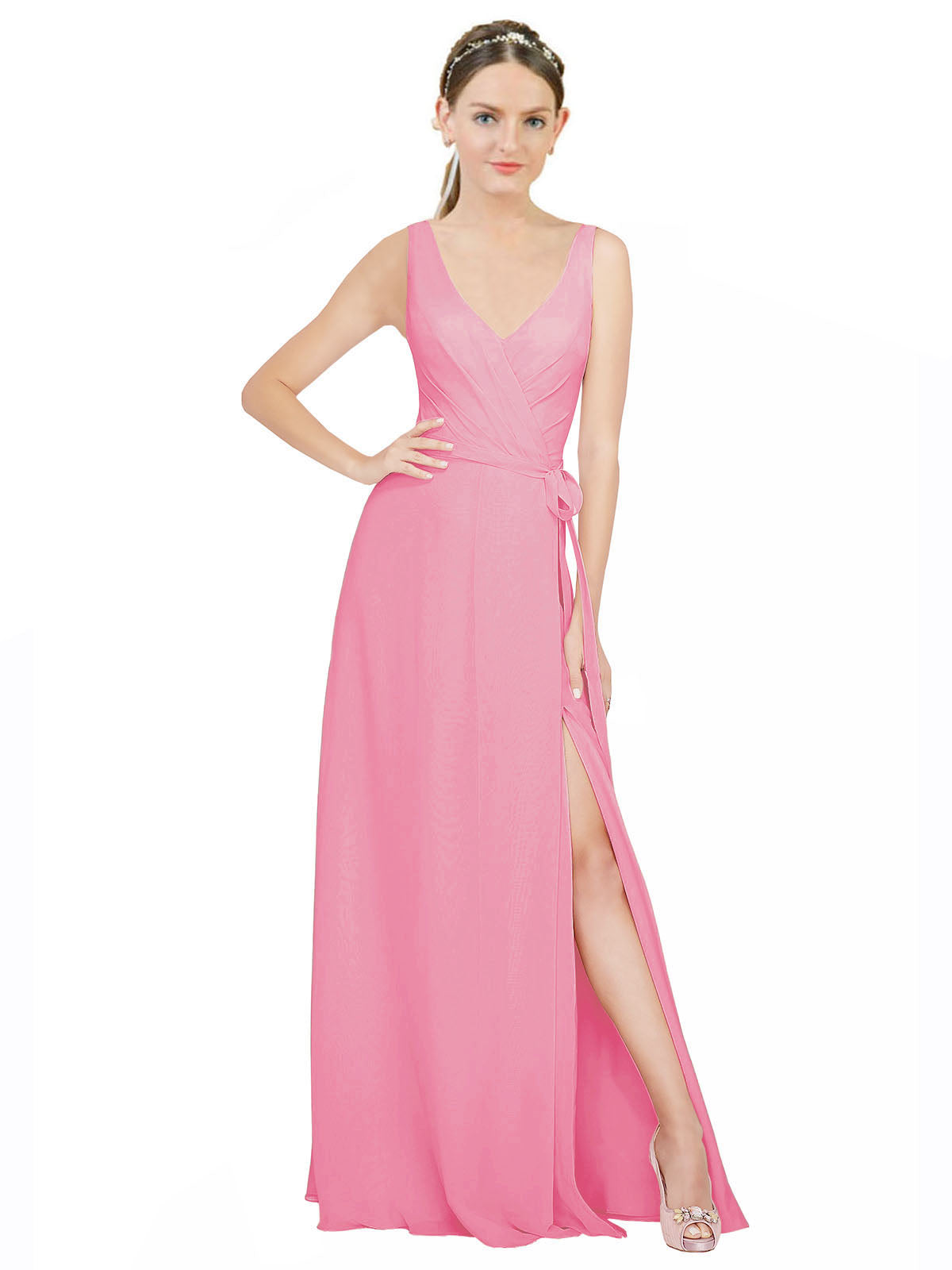 Hot Pink A-Line V-Neck Sleeveless Long Bridesmaid Dress Louisa