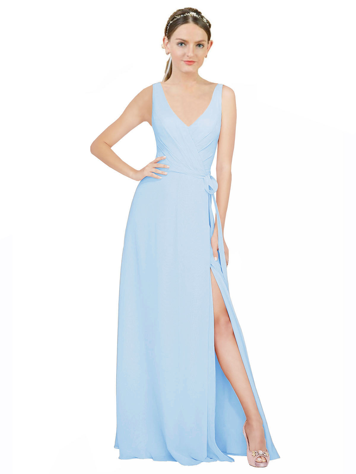 Light Sky Blue A-Line V-Neck Sleeveless Long Bridesmaid Dress Louisa