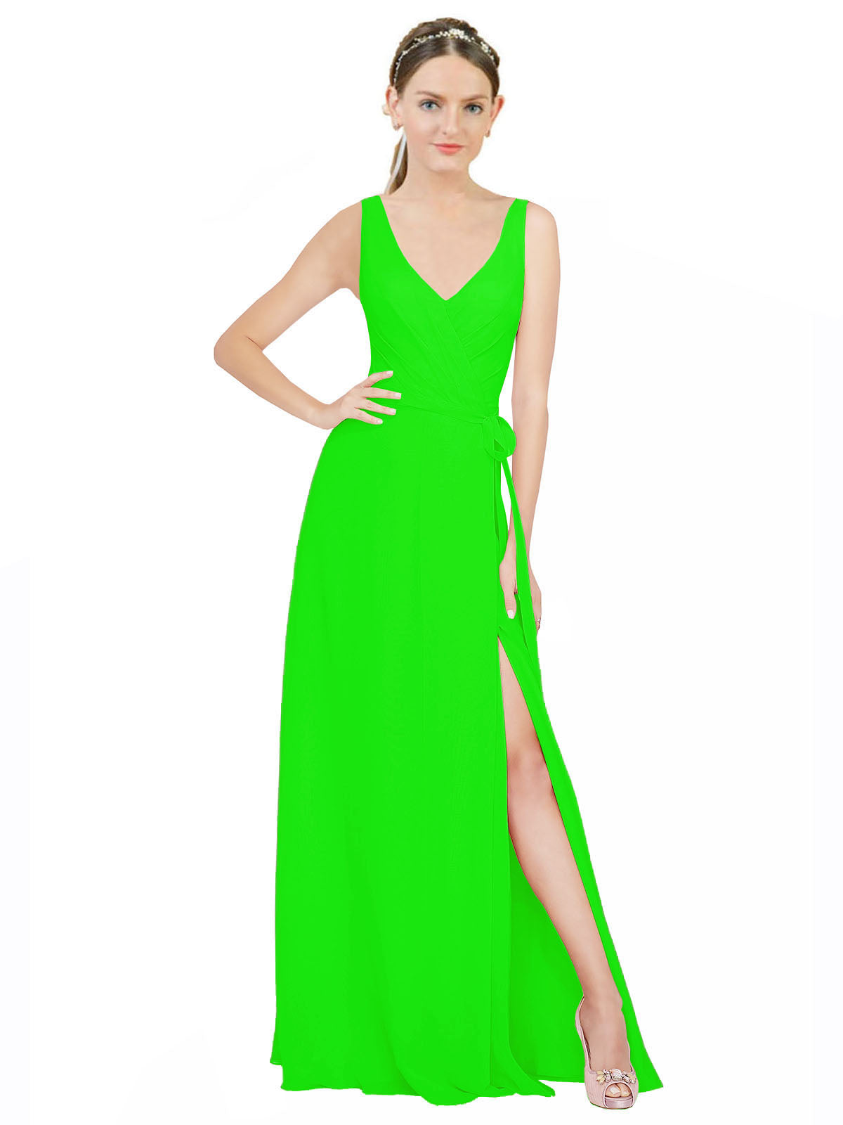 Lime Green A-Line V-Neck Sleeveless Long Bridesmaid Dress Louisa