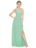 Mint Green A-Line V-Neck Sleeveless Long Bridesmaid Dress Louisa