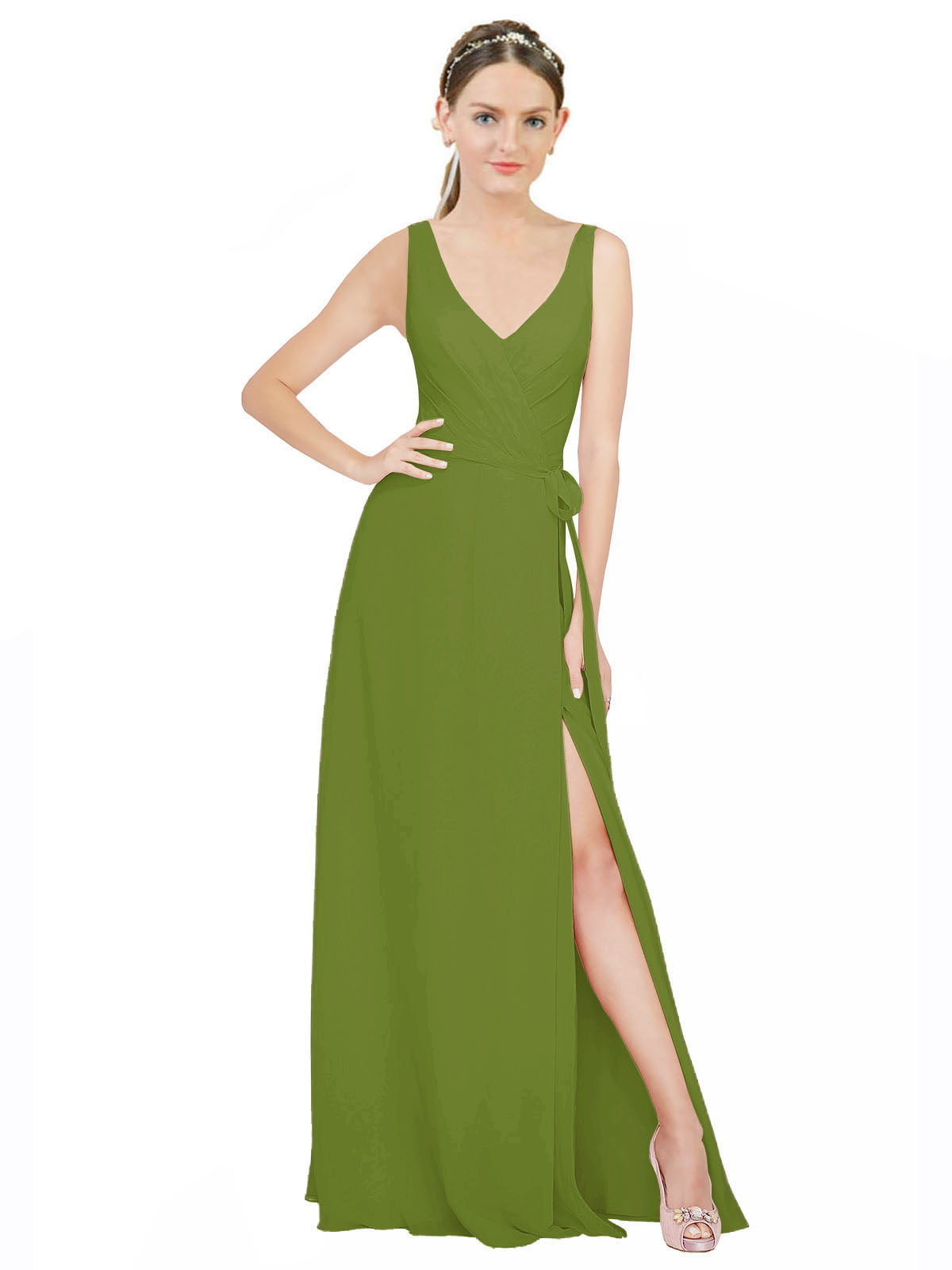 Olive Green A-Line V-Neck Sleeveless Long Bridesmaid Dress Louisa