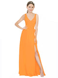 Orange A-Line V-Neck Sleeveless Long Bridesmaid Dress Louisa