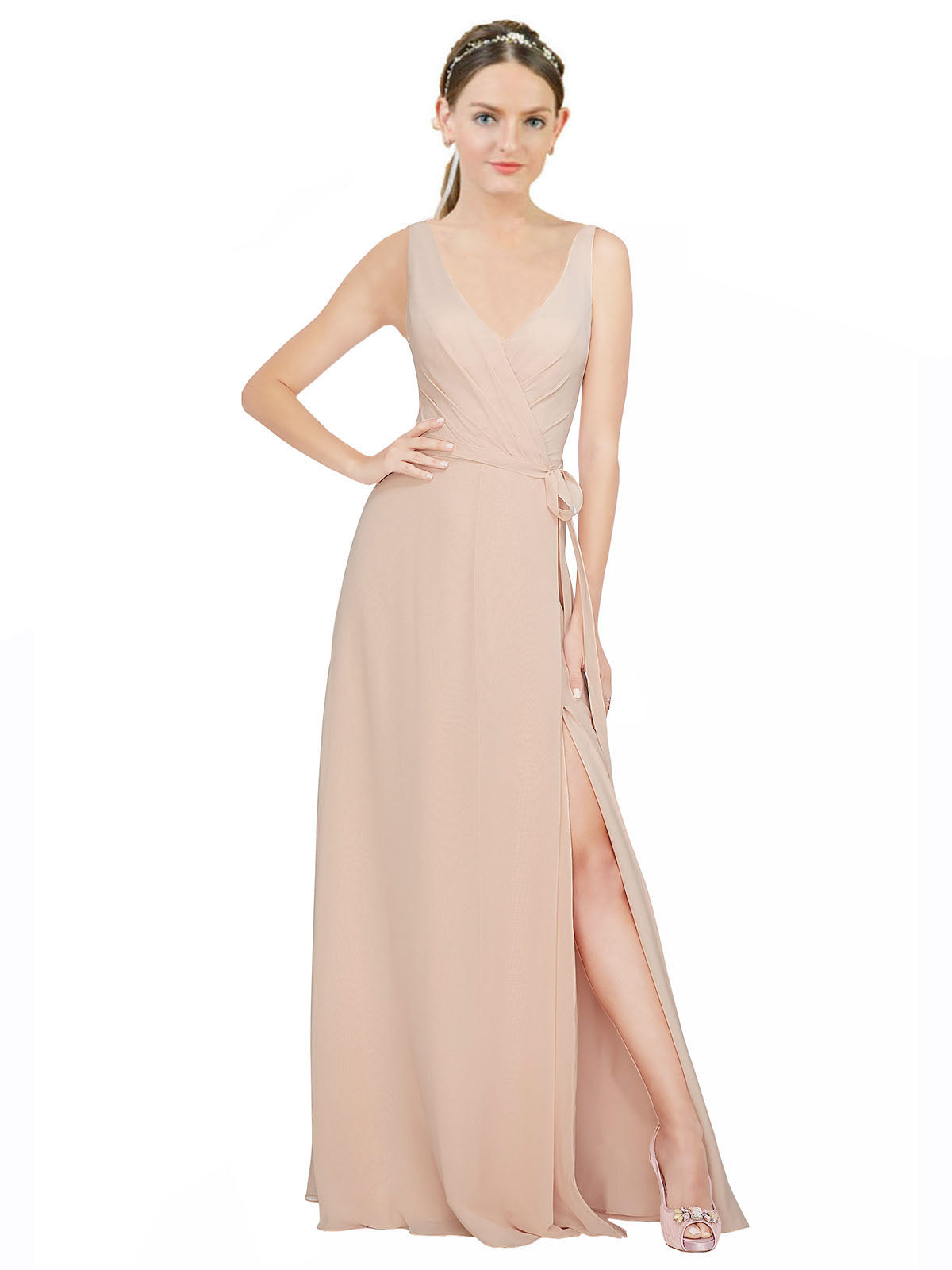 Pink 114# A-Line V-Neck Sleeveless Long Bridesmaid Dress Louisa
