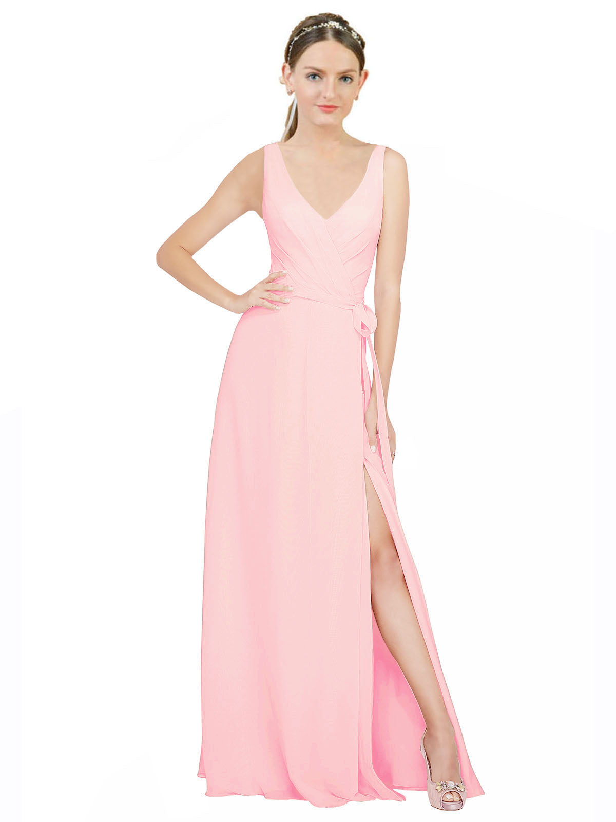 Pink A-Line V-Neck Sleeveless Long Bridesmaid Dress Louisa