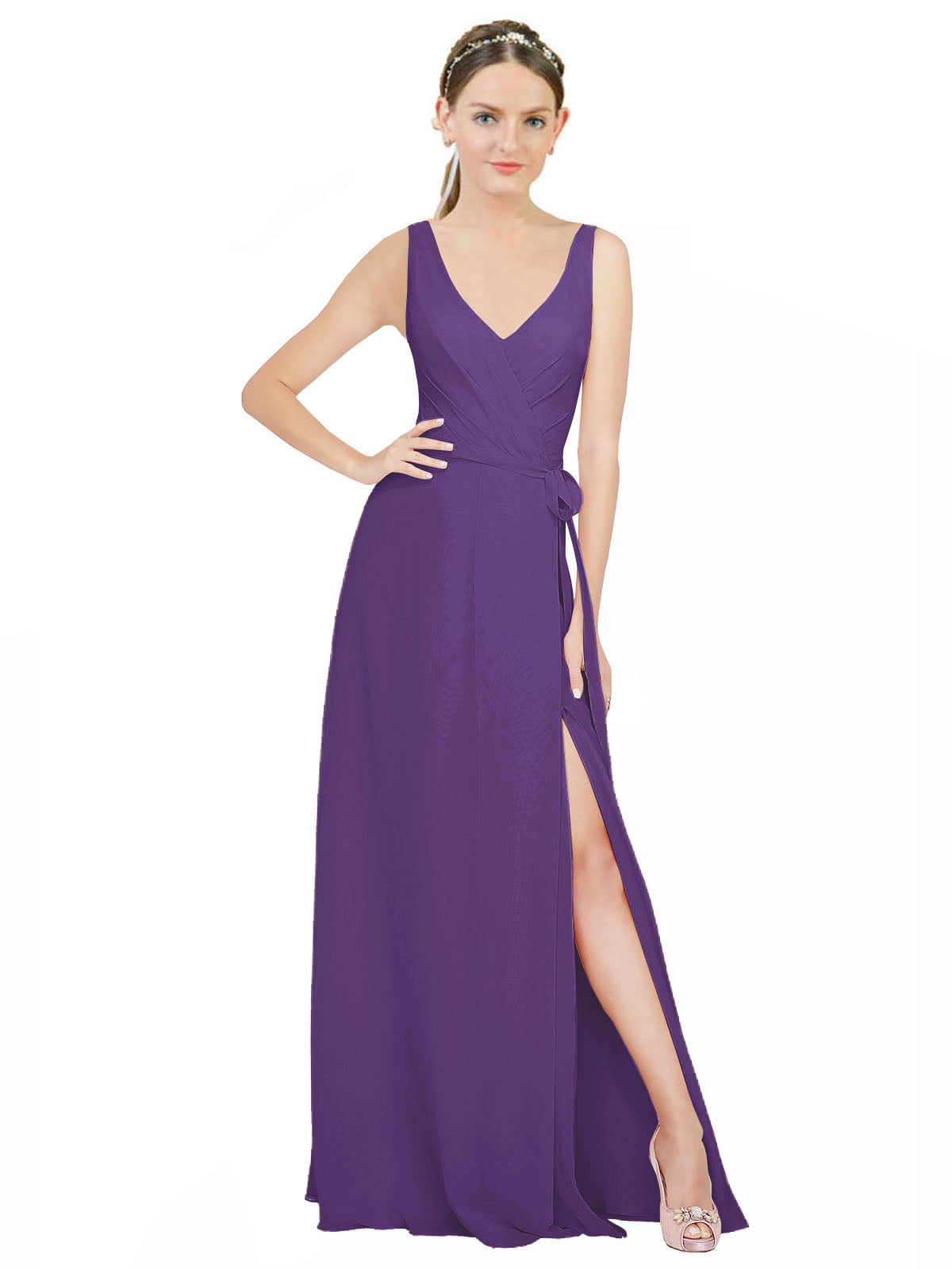 Plum Purple A-Line V-Neck Sleeveless Long Bridesmaid Dress Louisa