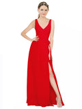 Red A-Line V-Neck Sleeveless Long Bridesmaid Dress Louisa