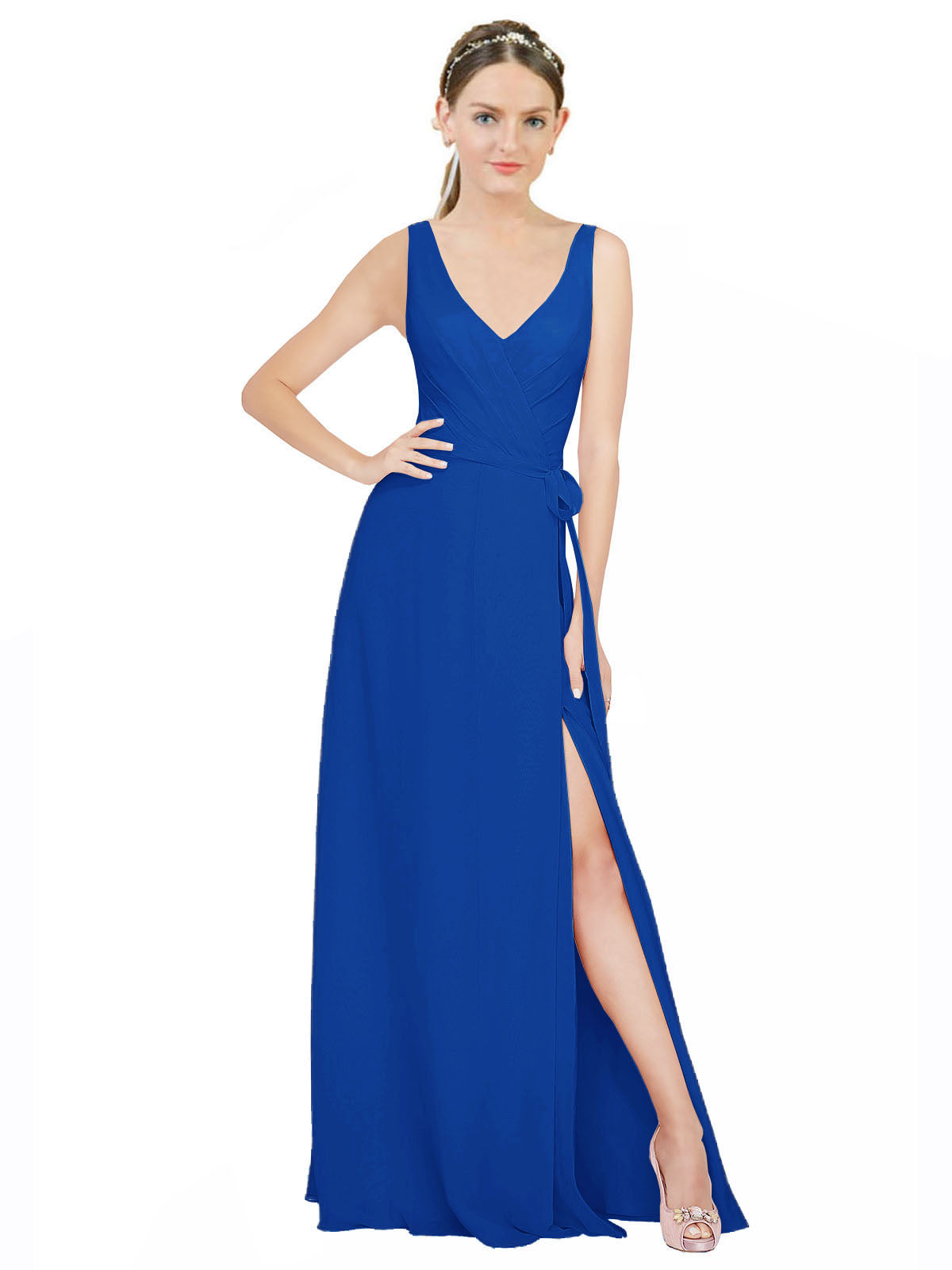 Royal Blue A-Line V-Neck Sleeveless Long Bridesmaid Dress Louisa