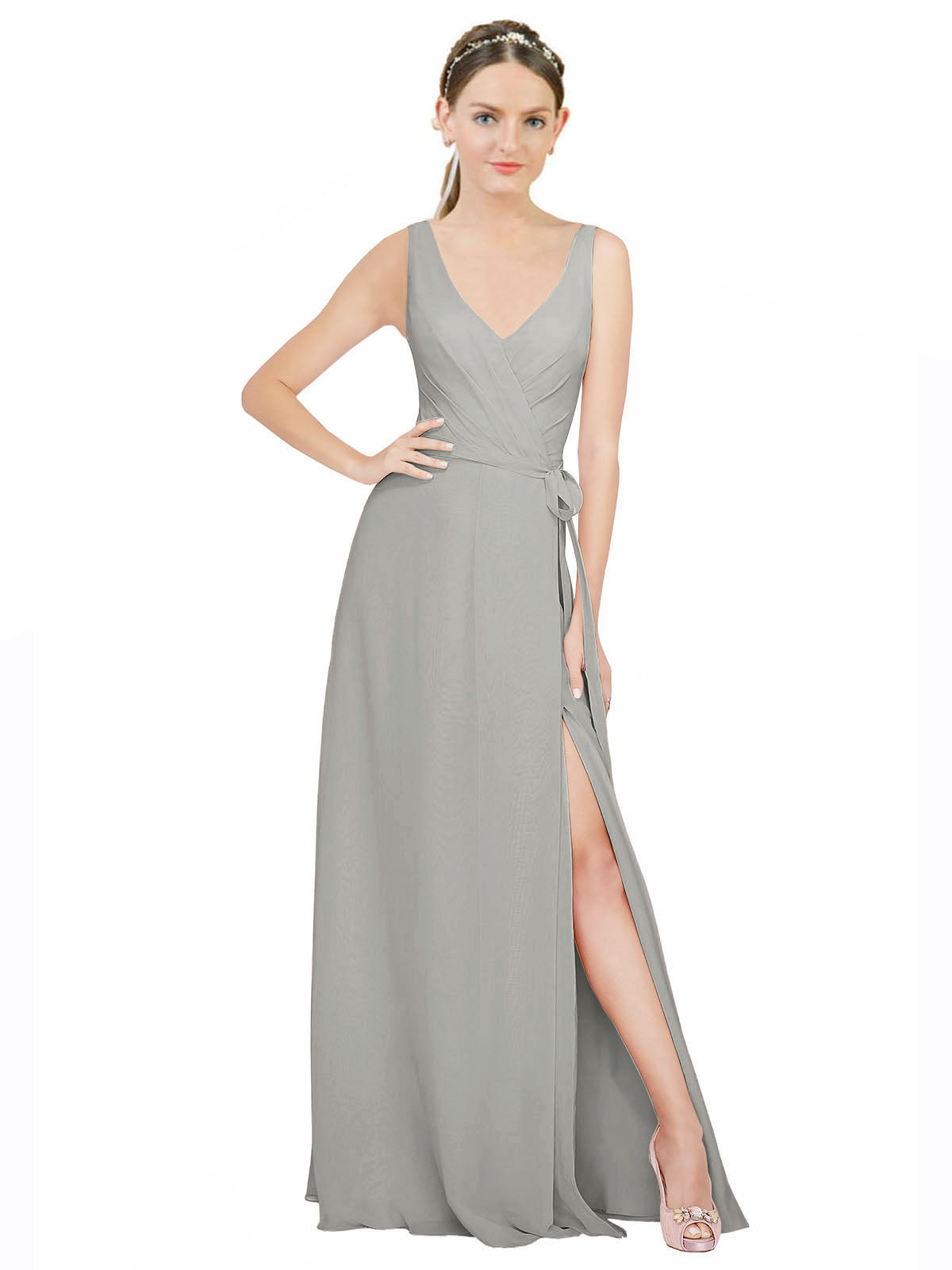 Silver A-Line V-Neck Sleeveless Long Bridesmaid Dress Louisa
