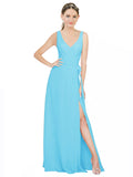 Sky Blue A-Line V-Neck Sleeveless Long Bridesmaid Dress Louisa