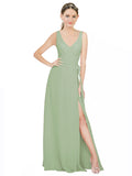 Smoke Green A-Line V-Neck Sleeveless Long Bridesmaid Dress Louisa