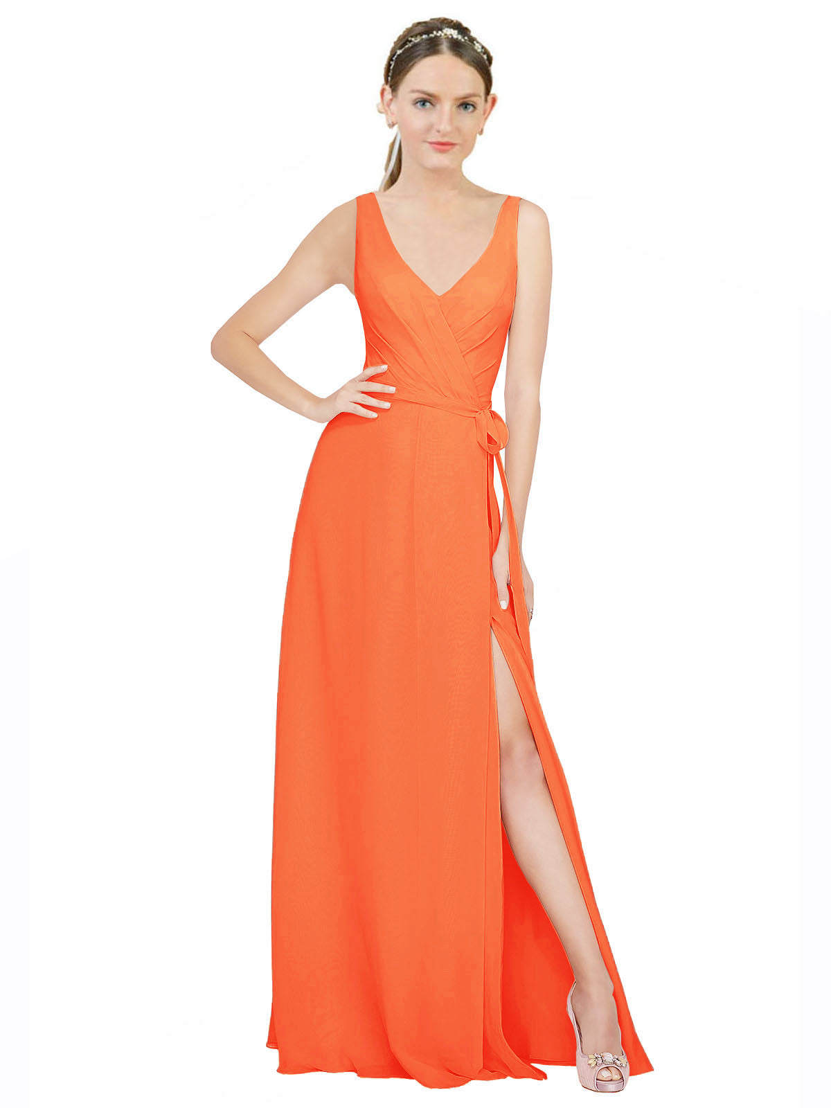 Tangerine Tango A-Line V-Neck Sleeveless Long Bridesmaid Dress Louisa